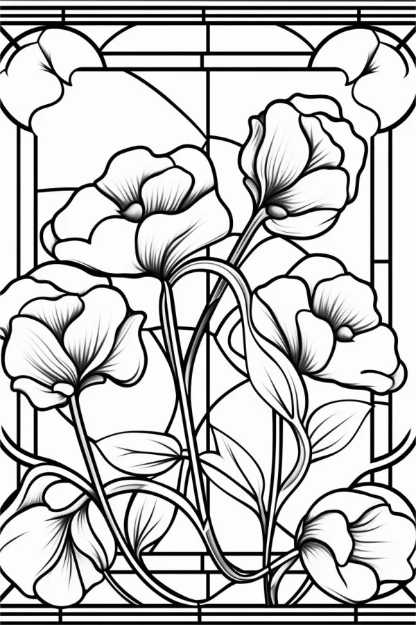 Stained glass style flowers, art nouveau style — free printable art nouveau coloring book page