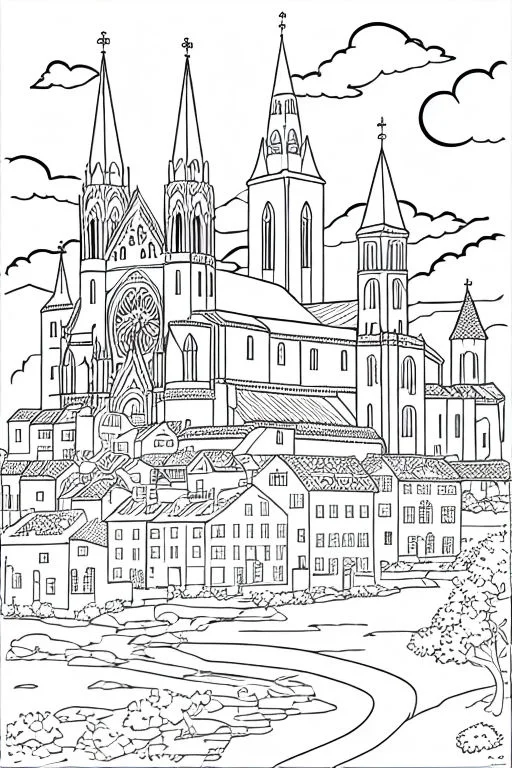 European cathedral with town houses, realistic european style — free printable town architecture coloring book page