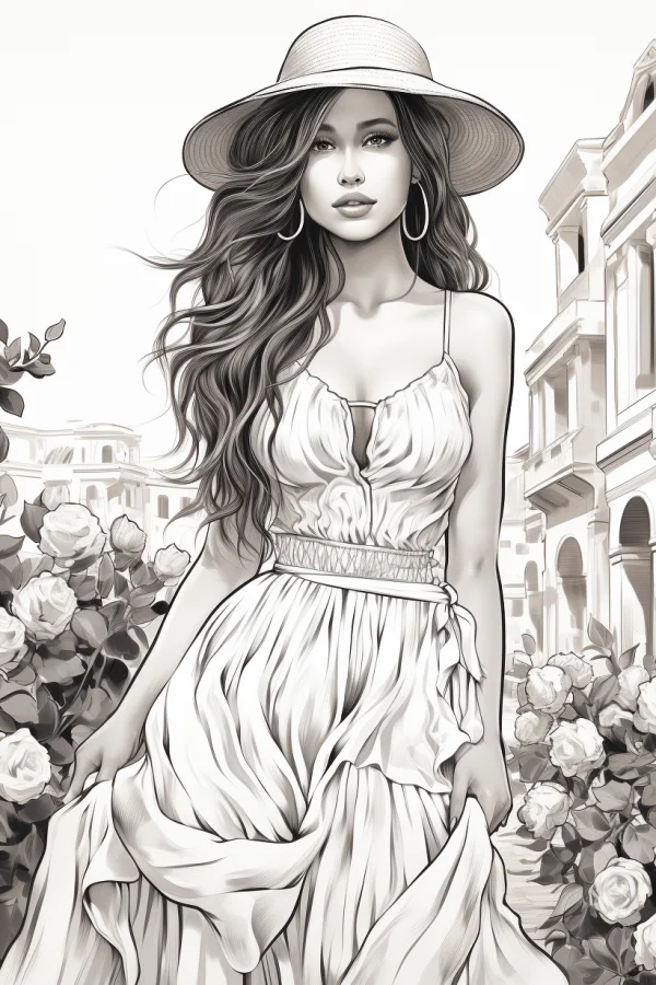 Elegant girl in spaghetti strap maxi dress with wide-brim straw hat, realistic illustration style — free printable city scene coloring book page