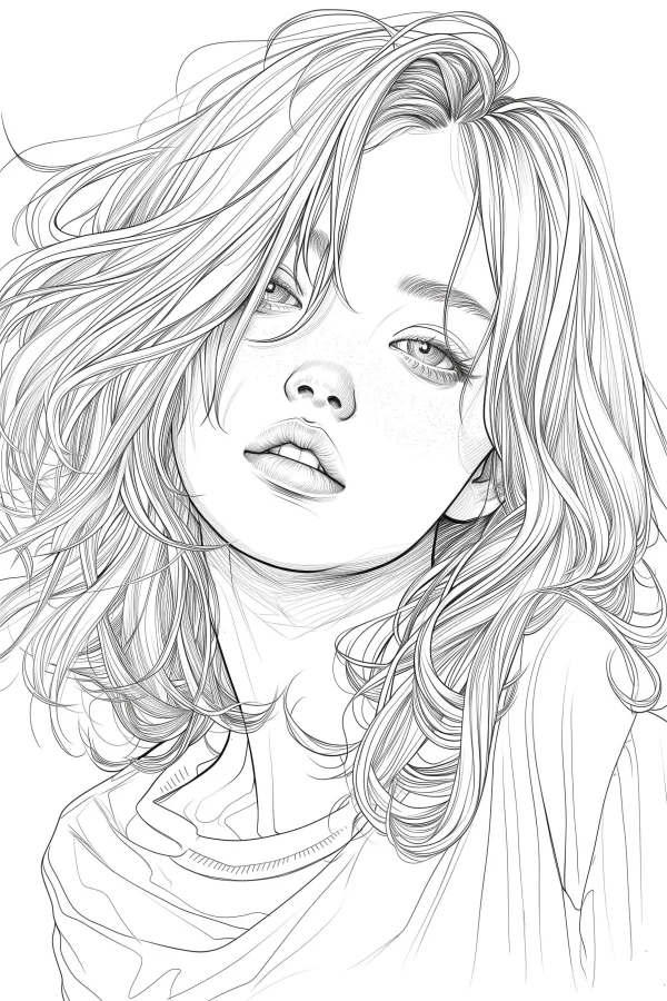 Portrait of a curly-haired girl with freckles, realistic illustration style — free printable portrait coloring book page