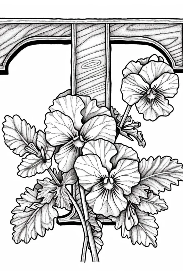 Wooden letter t with pansy flowers and leaves, realistic botanical line art — free printable letter design coloring book page