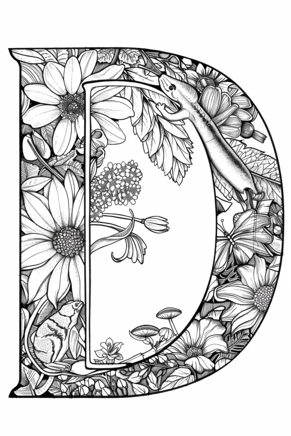 Letter d decorated with daisies, lizard — free printable letter art coloring book page