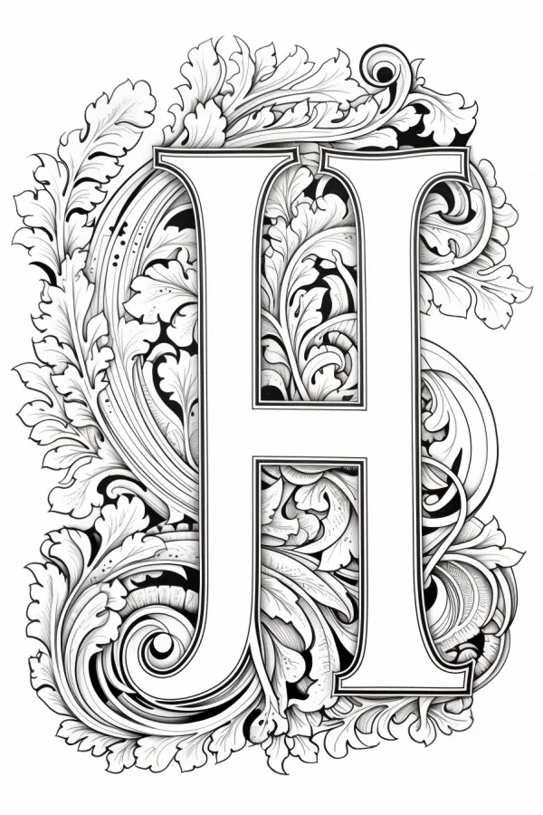 Coloring book page, ornate decorative letter h in art nouveau style — free printable letter art coloring book page