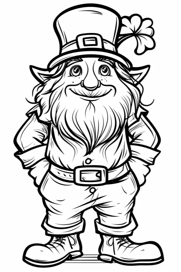 St. patrick's day leprechaun with clover on top hat, cartoon style — free printable st. patrick's day coloring book page