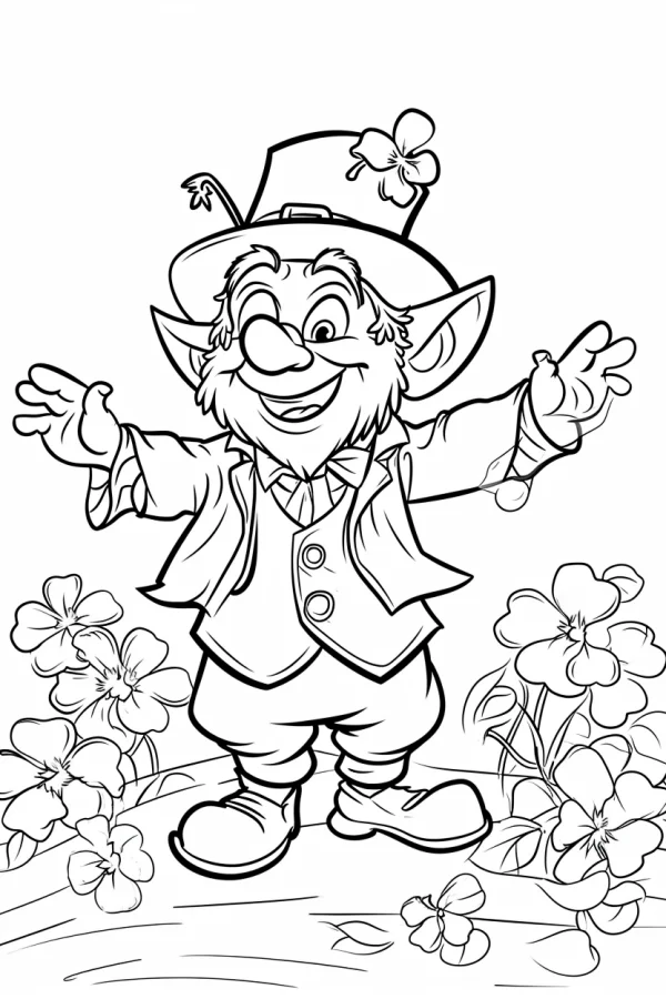 Cheerful leprechaun with clover on top hat, cartoon style — free printable st. patrick's day coloring book page