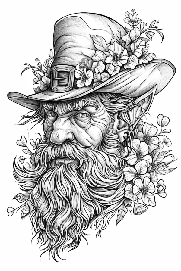 Old elf with wide-brimmed hat and long beard, surrounded by flowers and leaves — free printable st. patrick's day coloring book page