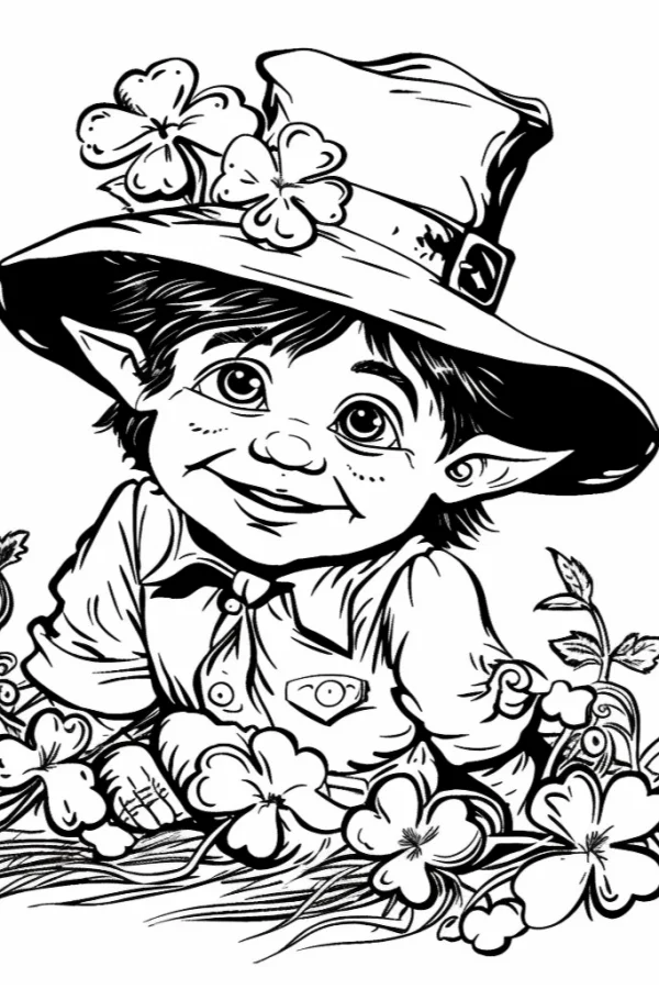 Cute leprechaun wearing wide-brimmed hat decorated with four-leaf clovers, cartoon style — free printable st. patrick's day coloring book page