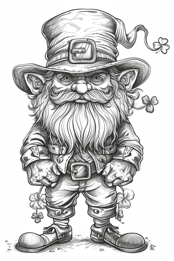 St. patrick's day leprechaun with long beard and big ears, wearing a tall buckled hat and work clothes — free printable st. patrick's day coloring book page