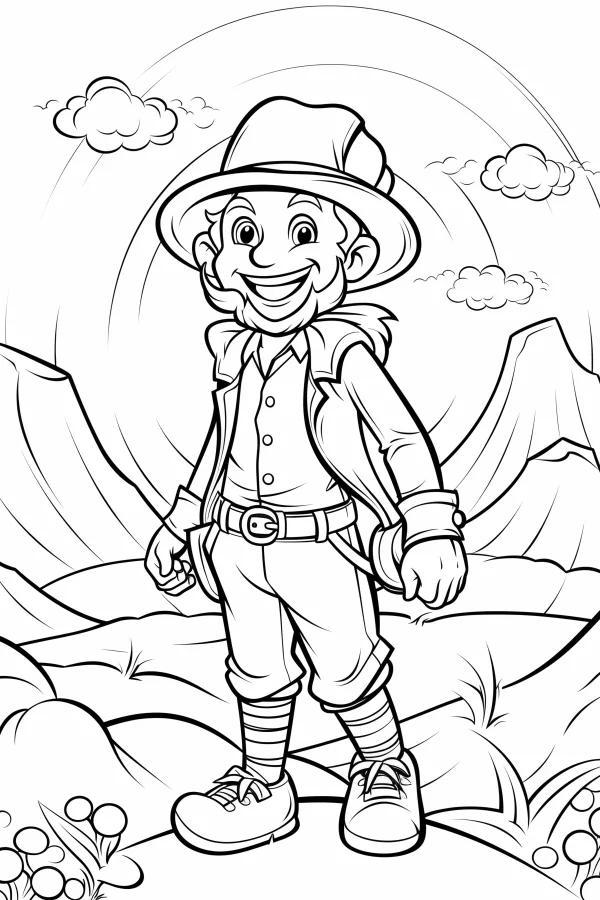 Happy leprechaun in cartoon style, standing in mountain landscape with clouds and grassy plants — free printable st. patrick's day coloring book page
