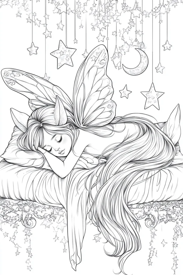 Sleeping fairy with elf ears and butterfly wings, cartoon fairy tale style — free printable dreams coloring book page