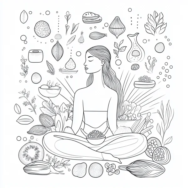 Woman meditating in lotus position, surrounded by various healthy foods — free printable yoga coloring book page