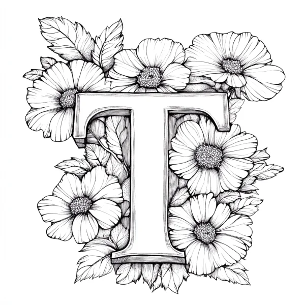Letter t decorated with flowers and leaves, intricate floral letter design — free printable letter design coloring book page