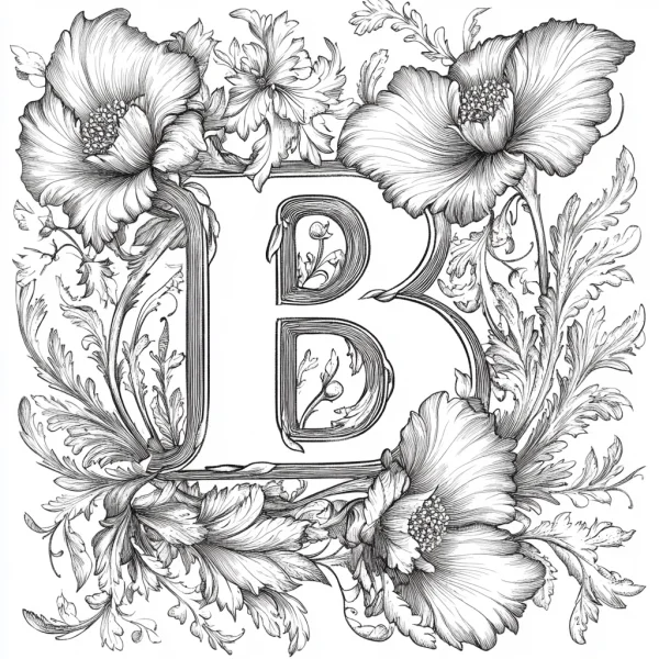 Decorative letter b surrounded by poppies and winding vines, art nouveau and decorative art style — free printable letter design coloring book page