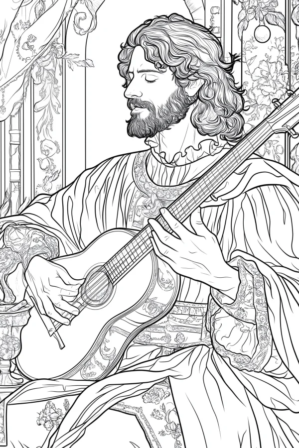 Vintage man playing classical guitar, classical realistic style — free printable classical coloring book page