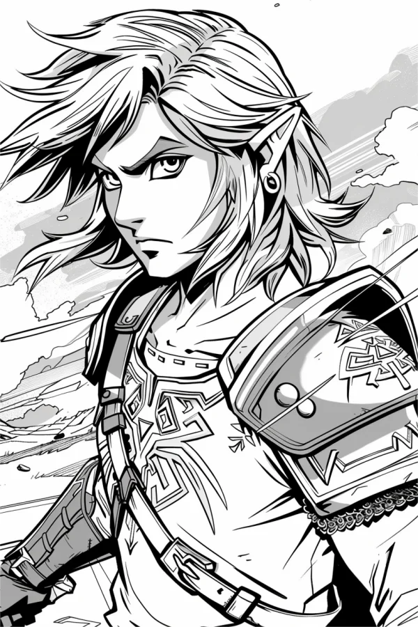 Coloring book page, elf warrior link from the legend of zelda — free printable games coloring book page