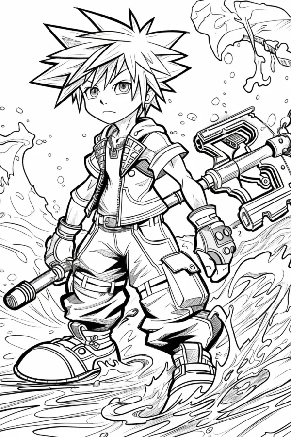 Anime adventure boy holding keyblade, anime cartoon style — free printable games coloring book page