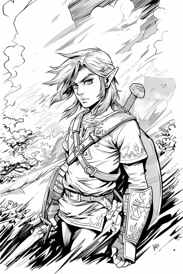 Elf warrior link from the legend of zelda, anime illustration style — free printable games coloring book page
