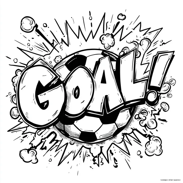 Graffiti-style soccer ball with 'goal!' text, cartoon graffiti art style — free printable graffiti art coloring book page