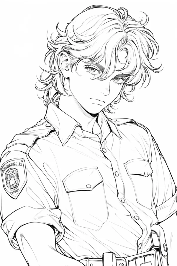 Curly-haired male police officer in short-sleeved uniform, anime style — free printable police coloring book page