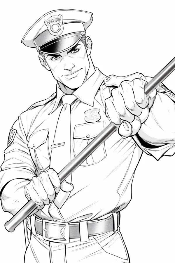 Muscular male police officer holding a baton, realistic illustration style — free printable police coloring book page