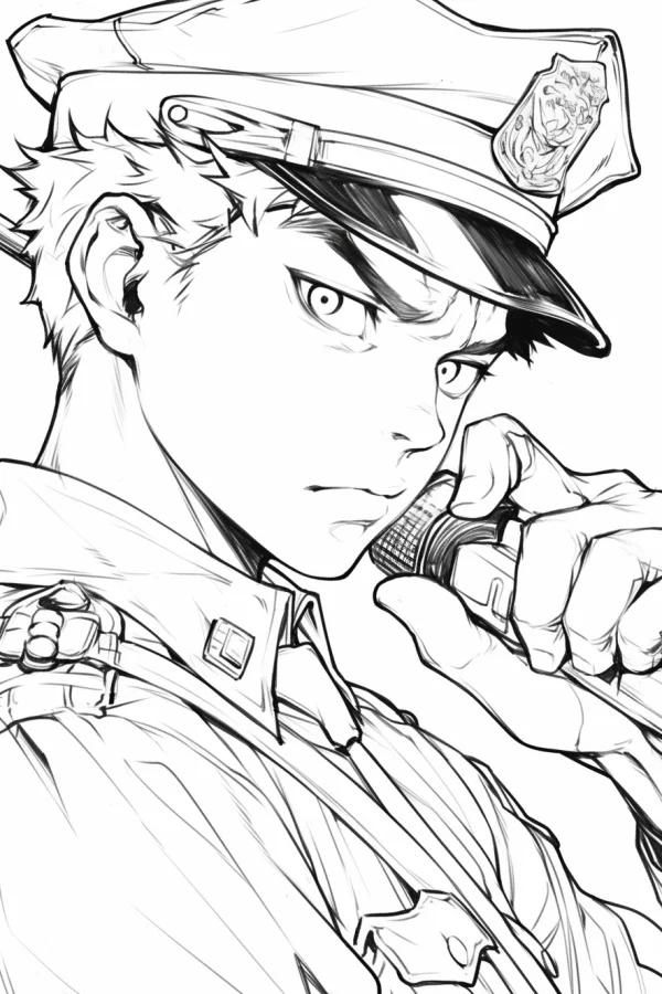 Young police officer holding walkie-talkie, anime style — free printable police coloring book page