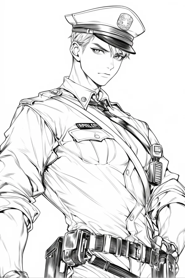 Handsome male police officer in uniform, anime style — free printable police coloring book page