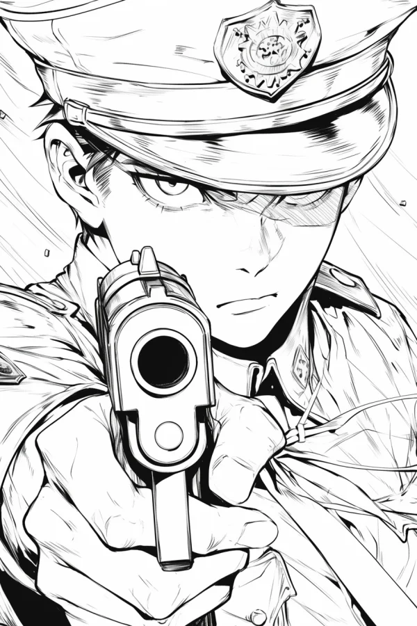 Police officer holding a pistol pointed at the viewer, anime style — free printable career theme coloring book page