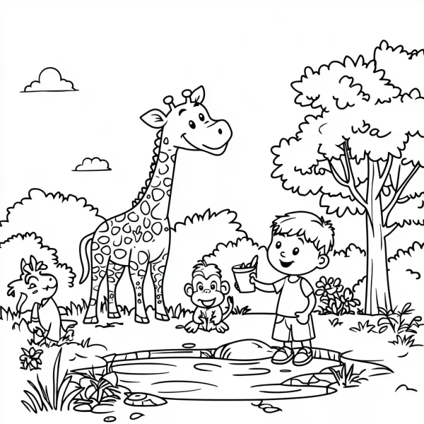 Boy with forest animals including giraffe, monkey and lamb — free printable children's life coloring book page