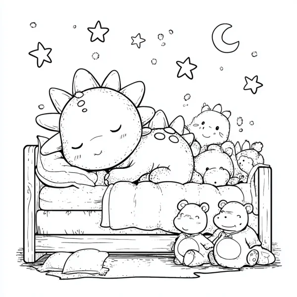 Sleeping cute cartoon dinosaur with plush toys including little dinosaur, hedgehog and teddy bears on a wooden bed — free printable sleep coloring book page