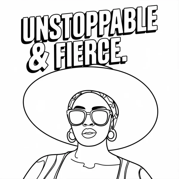 Stylish motivational woman with wide-brimmed hat, sunglasses — free printable female coloring book page