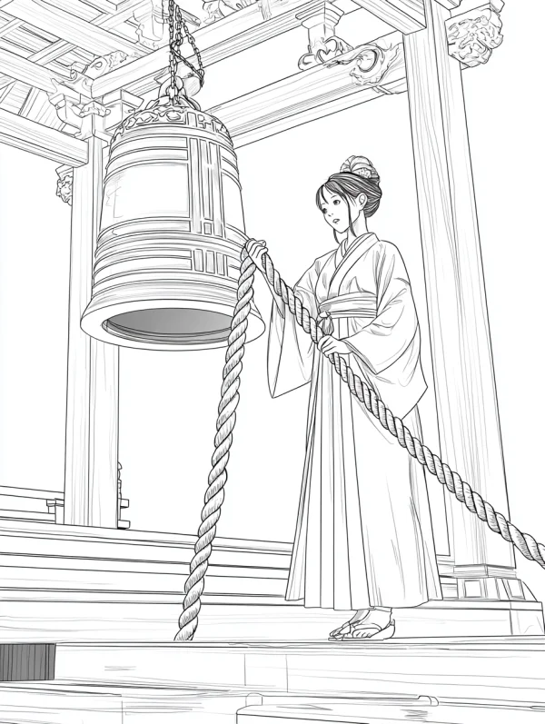 Woman in kimono ringing temple bell, japanese style — free printable traditional culture coloring book page