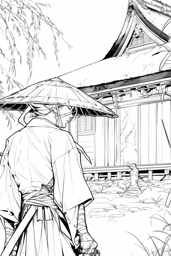 Japanese samurai wearing bamboo conical hat, standing in front of traditional wooden japanese house — free printable martial arts coloring book page