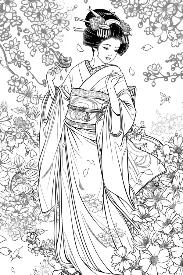 Japanese geisha in traditional kimono with elaborate hair ornaments, japanese style — free printable classical coloring book page