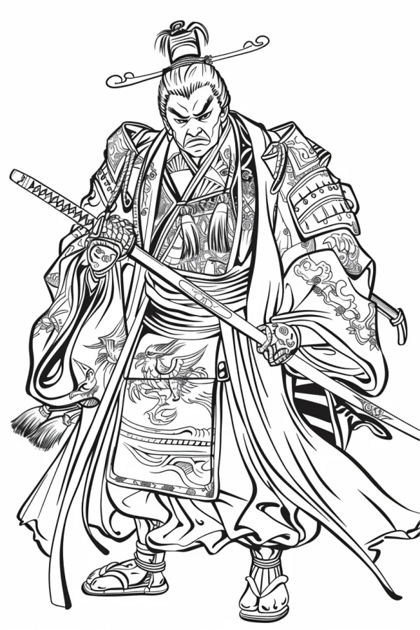 Majestic japanese samurai in traditional armor and kimono, holding a katana — free printable history coloring book page