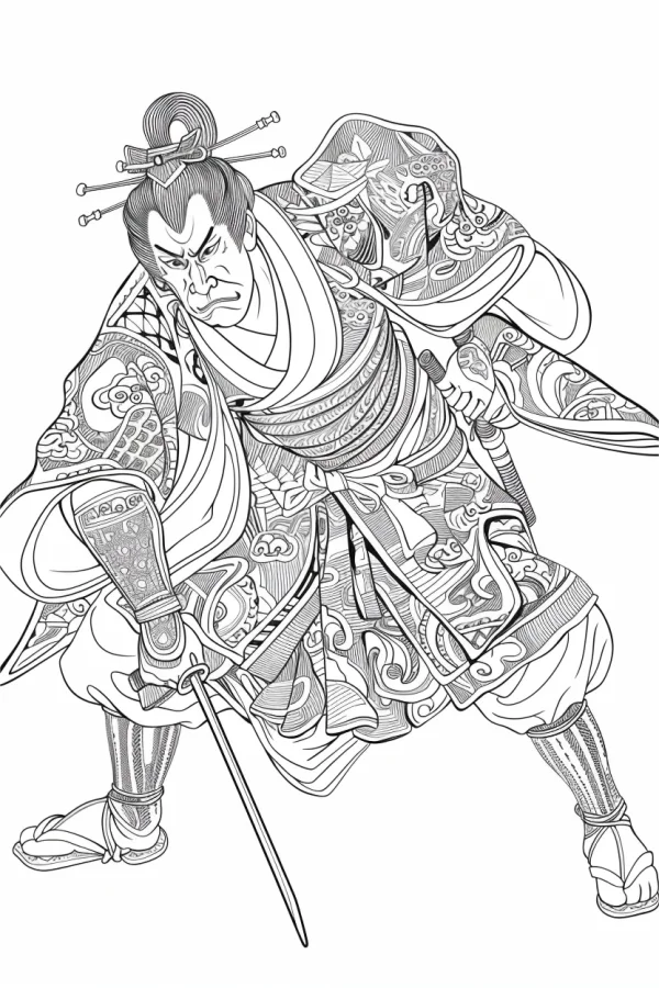 Japanese armored samurai with a katana, japanese traditional style — free printable traditional culture coloring book page