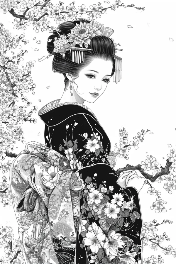 Kimono-clad woman with elaborate traditional hairstyle and hairpins, japanese style — free printable traditional culture coloring book page