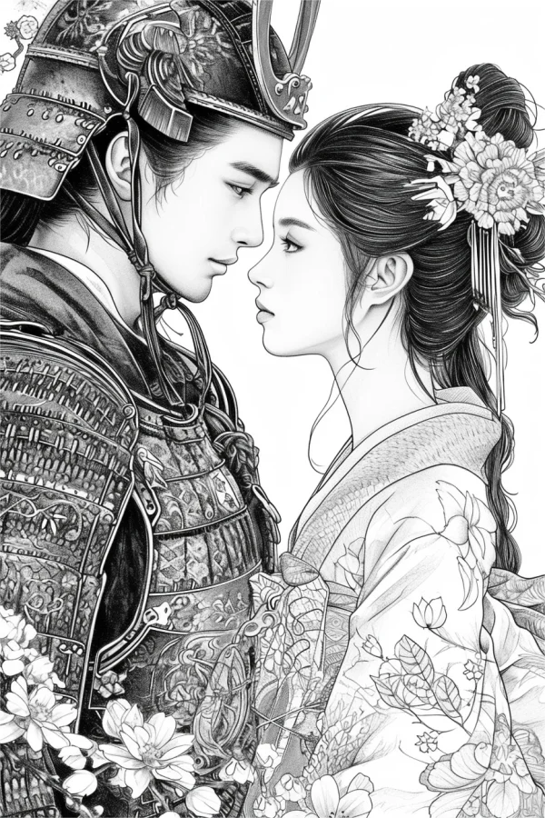 Japanese samurai and kimono woman in intimate pose, traditional japanese antique style — free printable ancient style coloring book page