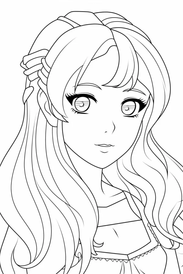 Anime long-haired girl with bangs and decorative hairband, cartoon anime style — free printable anime characters coloring book page