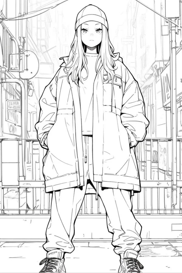 Street fashion girl wearing beanie, oversized jacket and cargo pants — free printable street coloring book page