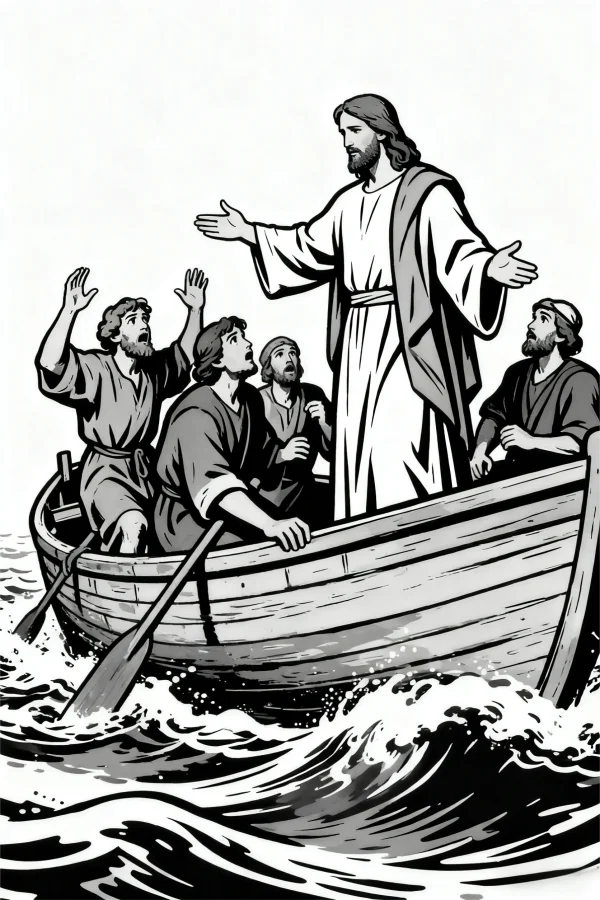 Jesus and his disciples on a wooden boat in stormy waves, realistic illustration style — free printable bible scene coloring book page