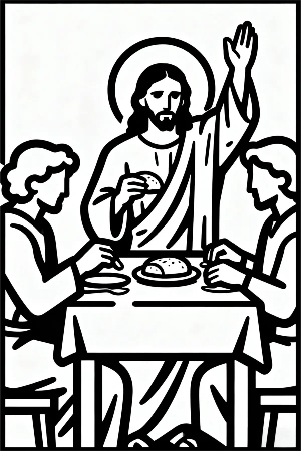 Jesus with two disciples at the dinner table, religious scene — free printable character scene coloring book page