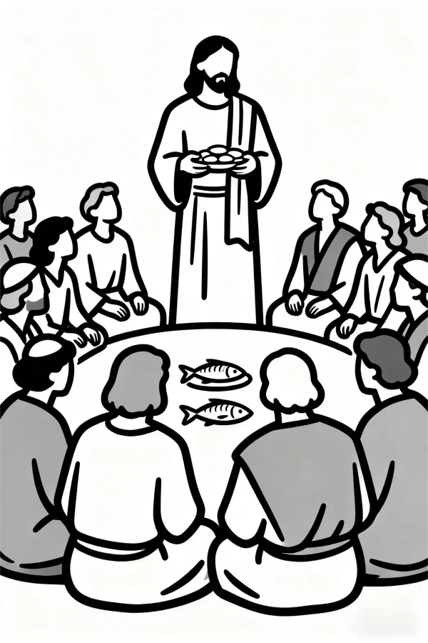 The last supper scene with jesus and twelve disciples, simple cartoon style — free printable historical scene coloring book page