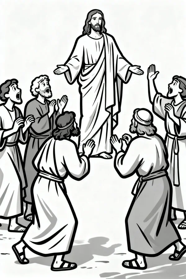 Jesus and his disciples, cartoon style — free printable bible scene coloring book page