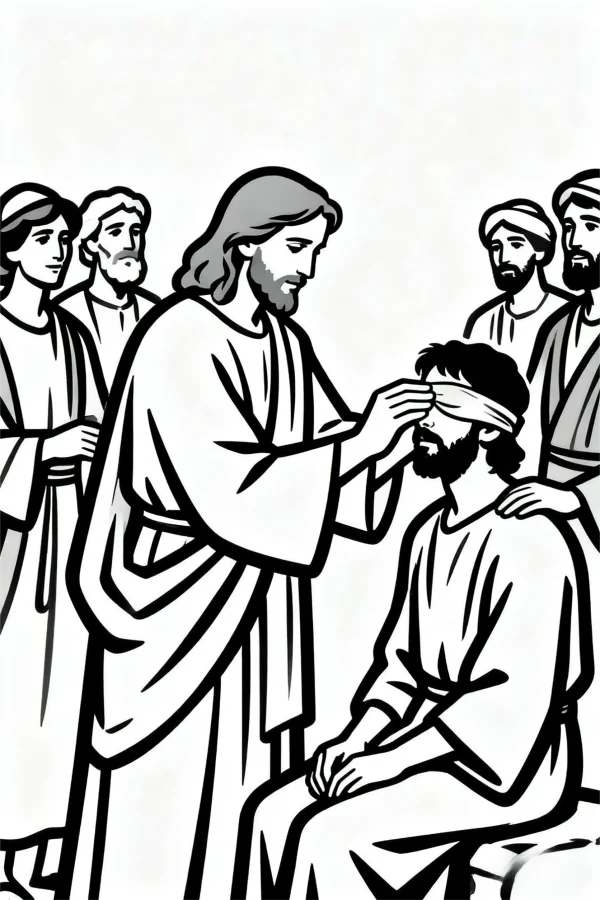 Jesus healing a blind man, religious biblical scene — free printable bible stories coloring book page
