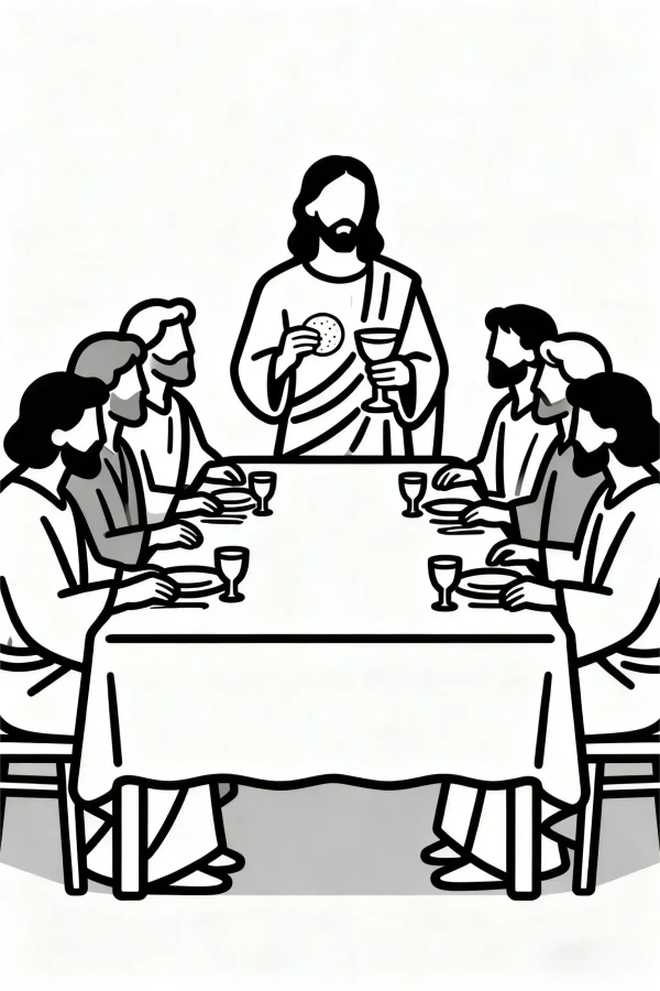 The last supper scene, minimalistic illustration style — free printable historical scene coloring book page