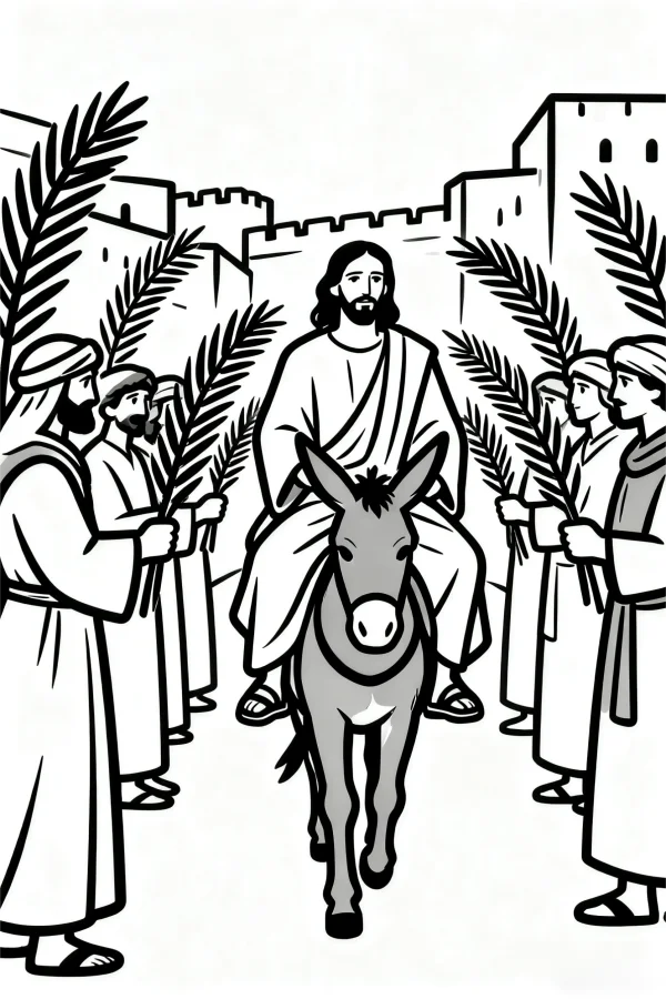 Jesus riding a donkey, cartoon style — free printable bible stories coloring book page