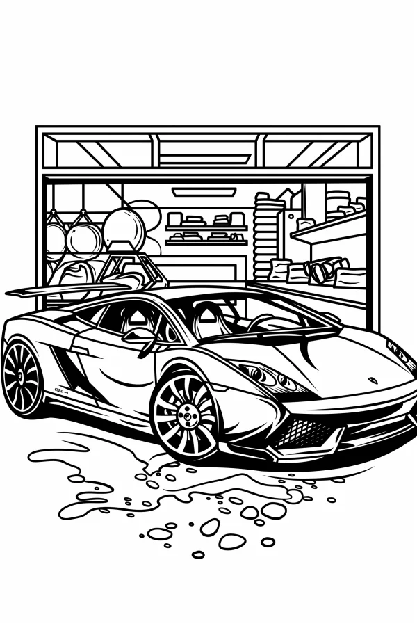 Sports car in front of a garage, cartoon style — free printable daily scene coloring book page