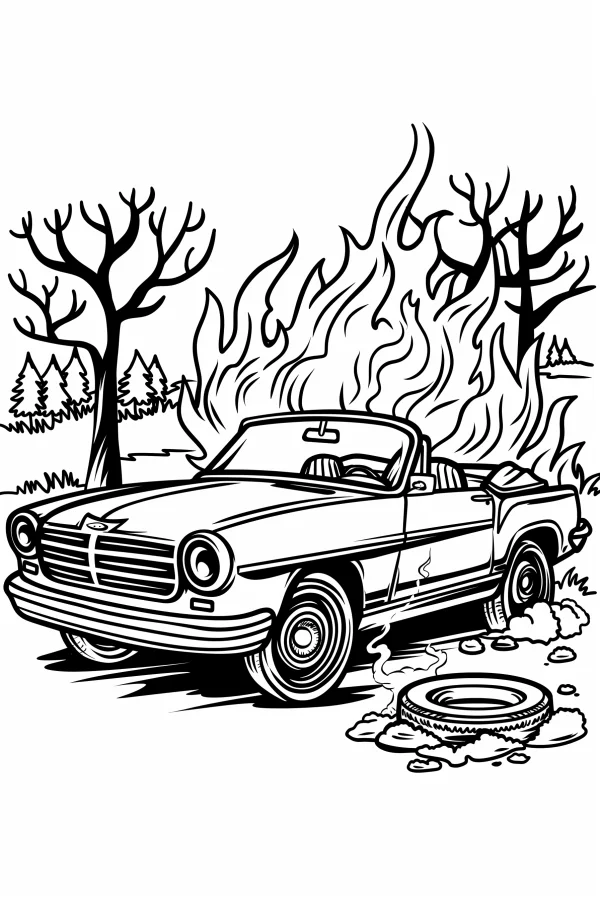 Burning convertible car in the wilderness, cartoon style — free printable outdoors coloring book page