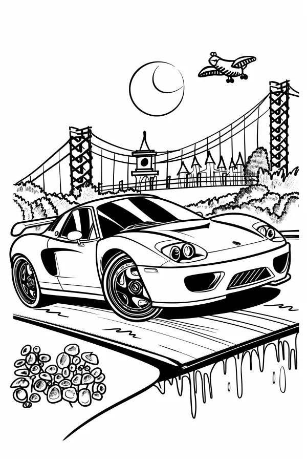 Sleek sports car, cartoon style — free printable scenery coloring book page