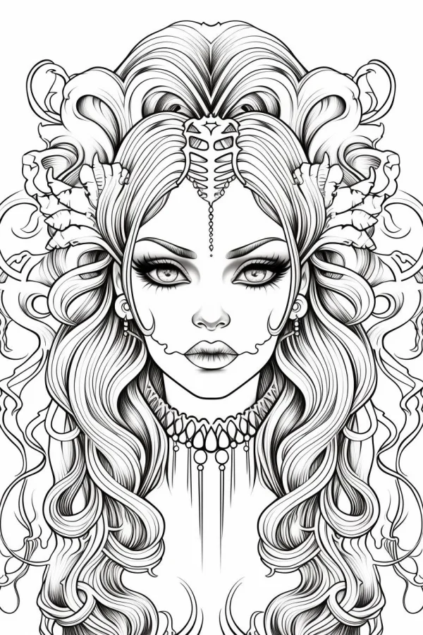 Gothic girl with skull makeup, gothic style — free printable goth culture coloring book page